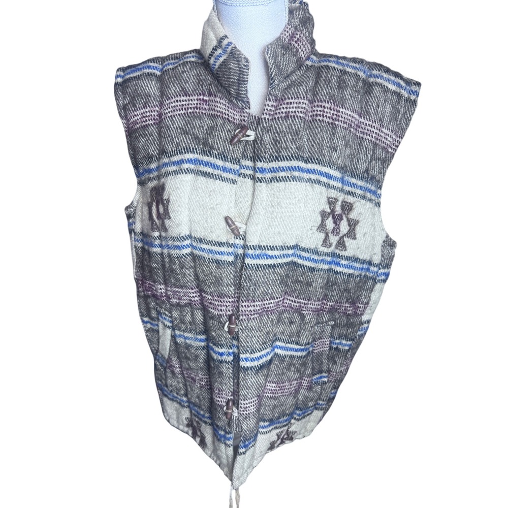 Vintage Southwestern Woven Toggle Puffer Vest Wool Gray Blue Navajo Blanket L